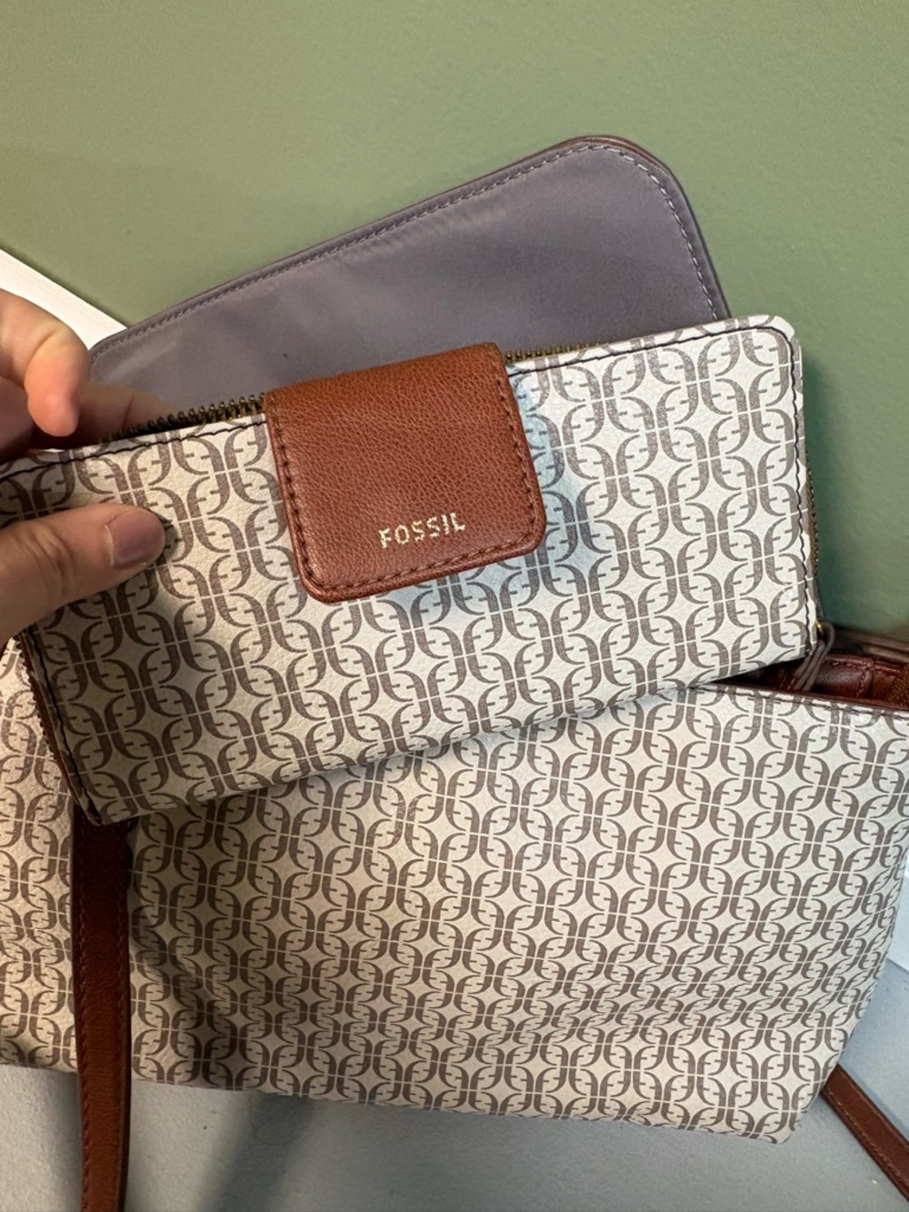 Fossil Cream and Brown purse with Leather Trim